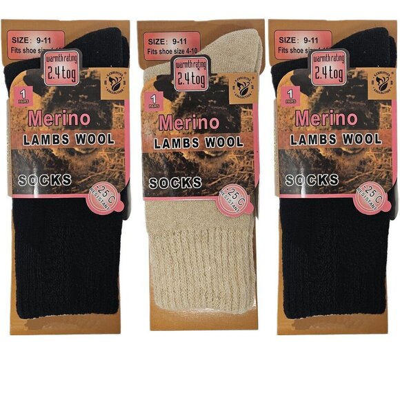 Women Wool Socks, Merino Lamb  Thick Warm Winter Socks, 3-PACK, NEW, Black Beige - Picture 1 of 3